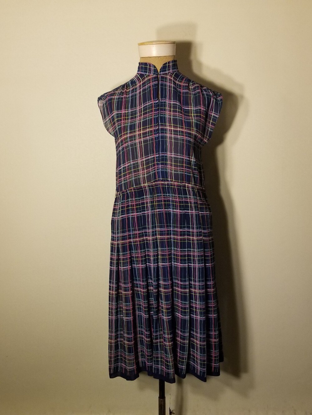 Vintage 1960's Pret A Porter Domino Look Blue Plaid Multi-Color Dress Size Small